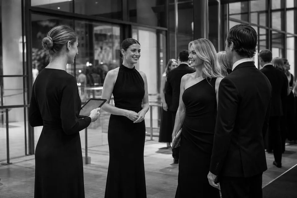Dwie hostessy w czarnych sukniach witają gości w foyer przed galą firmową