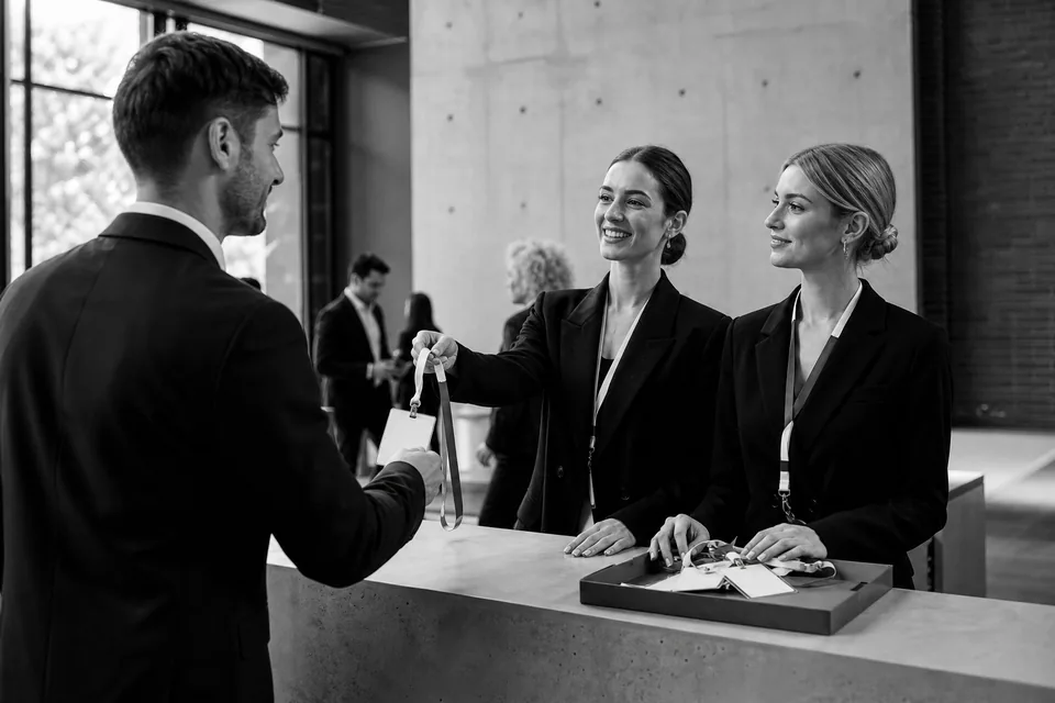 Dwie hostessy w czarnych garniturach przy stanowisku rejestracji kongresu w nowoczesnym foyer