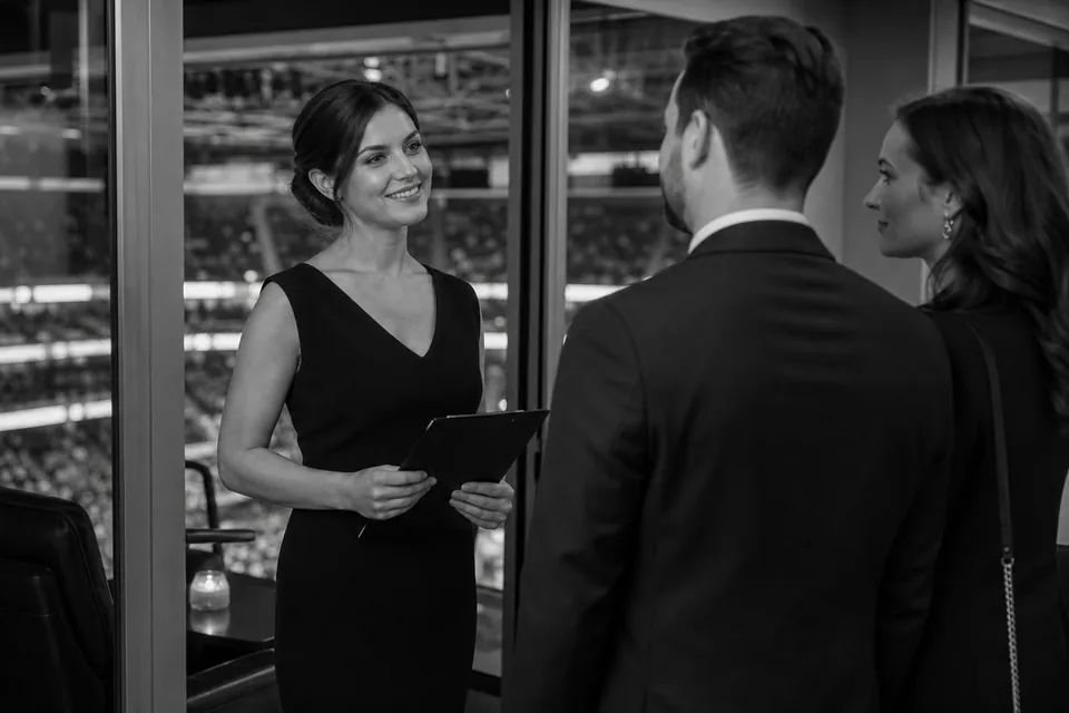 Hostessa w czarnej sukni wita gości przy wejściu do loży partnera w hali sportowej