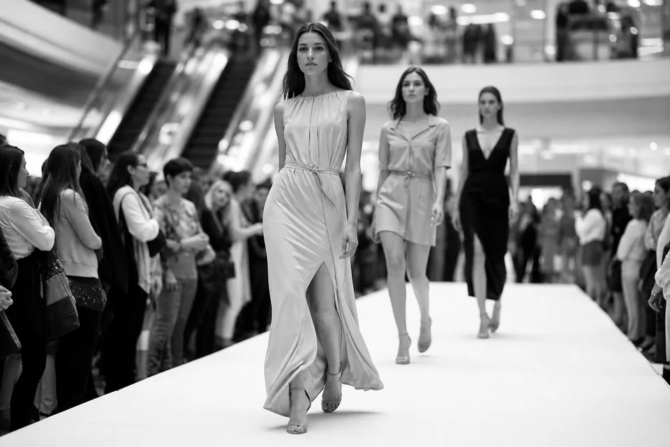 Modelki idą po wybiegu ustawionym w pasażu galerii handlowej, widzowie stoją po bokach